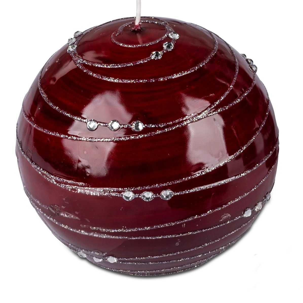 Kugelkerze 10cm mit roter glänzender Oberfläche und silberner Glitzer-Spirale