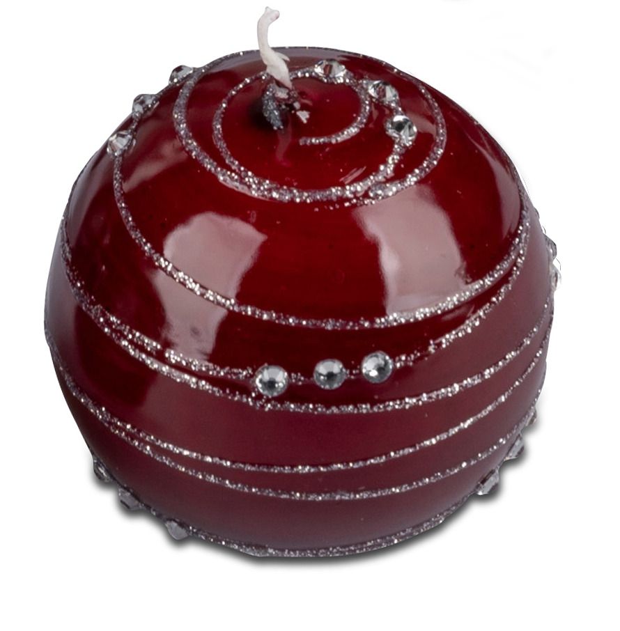Kugelkerze 6cm mit roter Lackierung und silberner Glitzer-Spirale