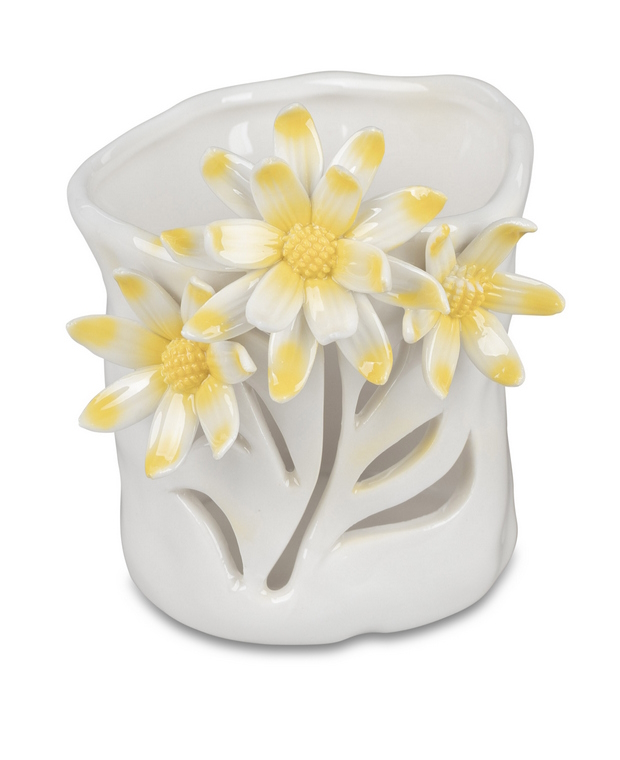 Handbemaltes Windlicht mit Gänseblümchen – 8cm, aus weiß-glasiertem Porzellan