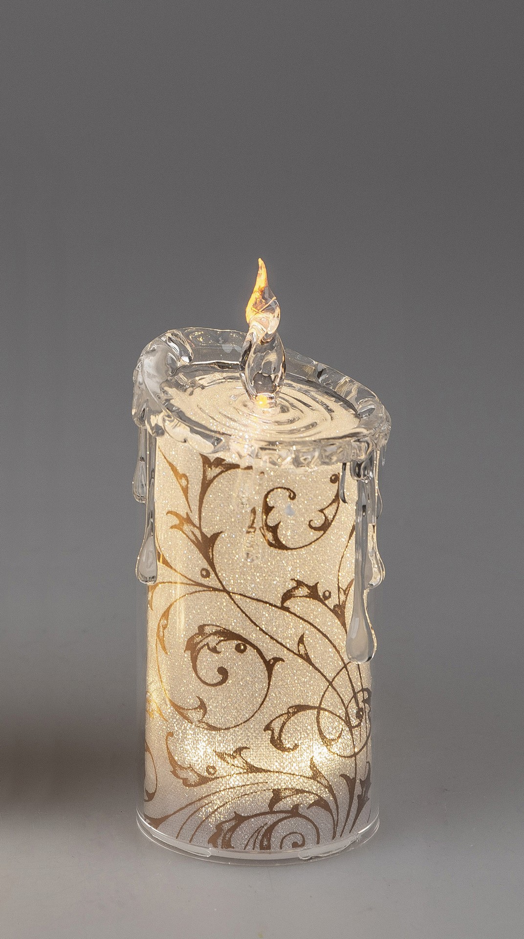 Acryl-Kerze mit warm-weißem LED-Licht und goldenem Dekor, 7x18cm – Festliche Beleuchtung für gemütliche Winterabende