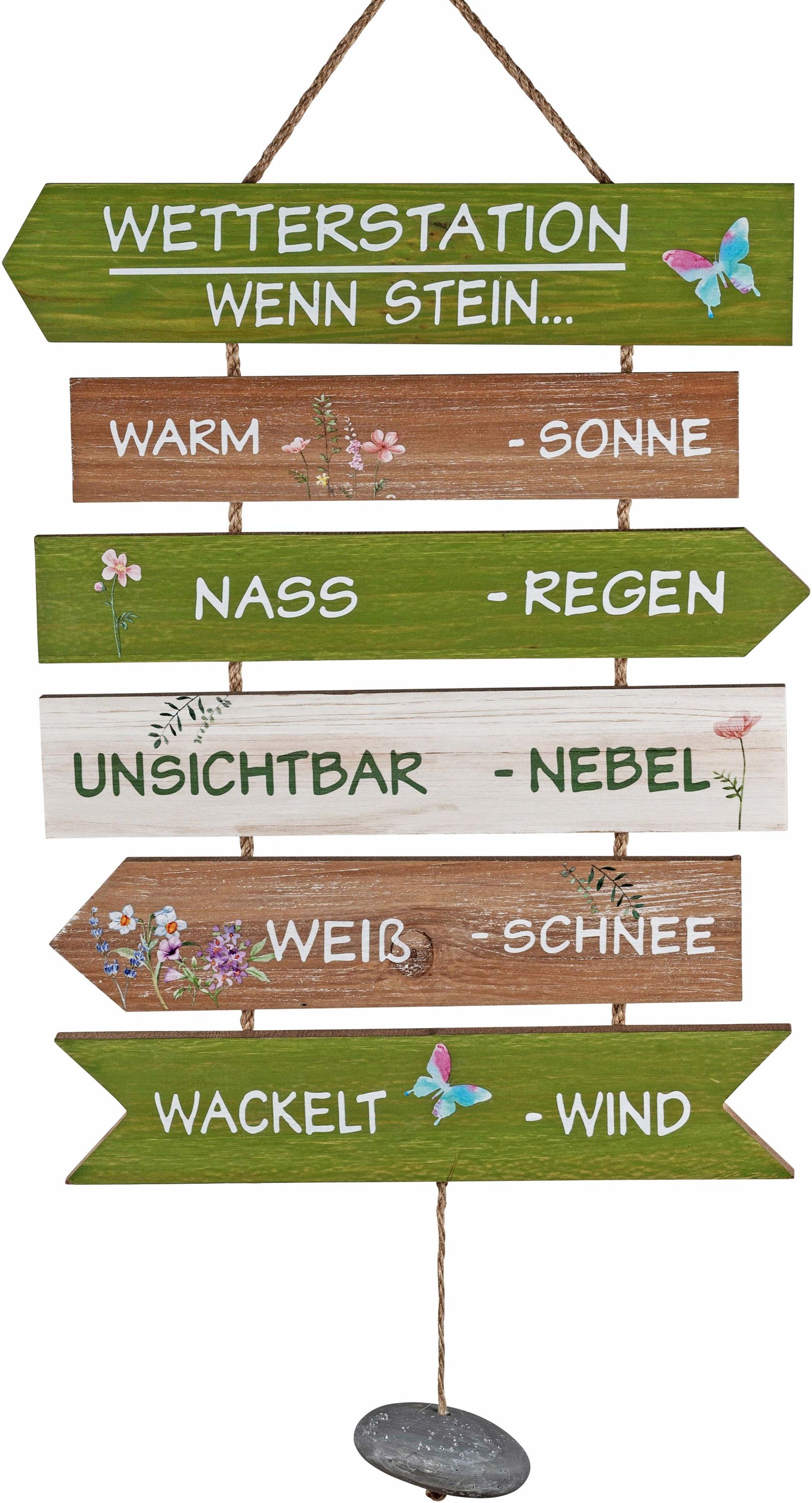 Holz-Schild „Wetterstation“ mit angehängtem Stein und Spruch - 32 x 52 cm