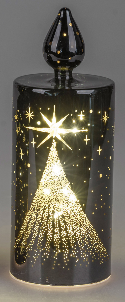 Deko-Kerze in Schwarz-Gold mit LED-Licht und Timer, 7x20cm – Glänzendes Farbglas mit festlichem Stern-Dekor