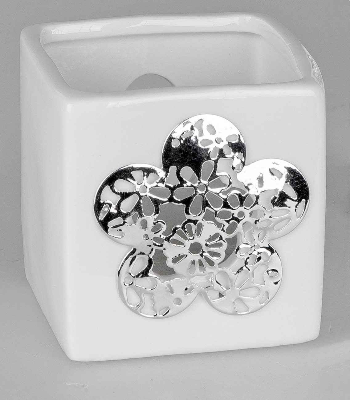 Formano Teelichtleuchter eckig mit Blume, weiss, 8x8cm