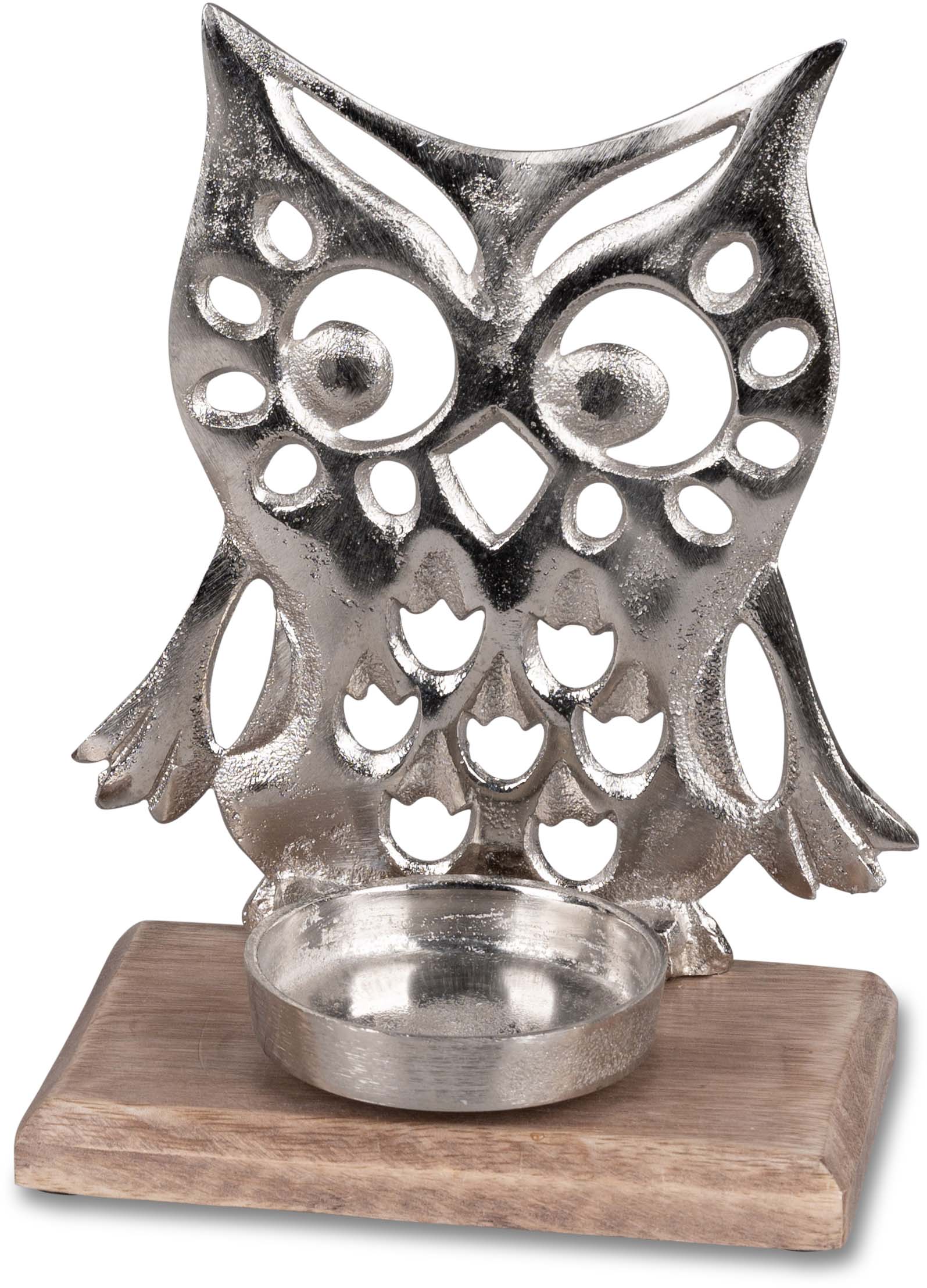 Eleganter Eulen-Teelichtleuchter aus Aluminium und Mangoholz 17 x 22 cm 510655