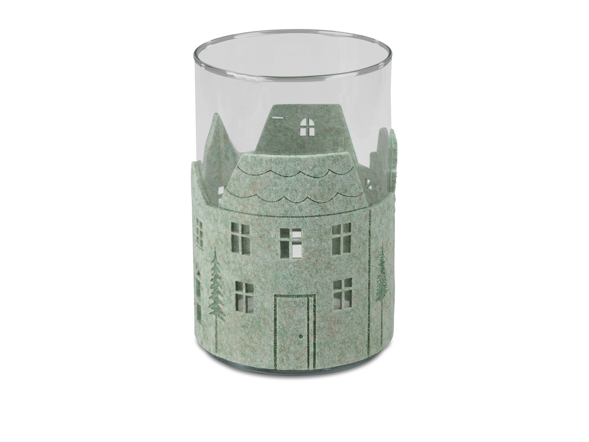 Filz-Windlicht Haus – Zufällig sortiert in Mint, Grau oder Grün – 13x20 cm mit klarem Glaseinsatz